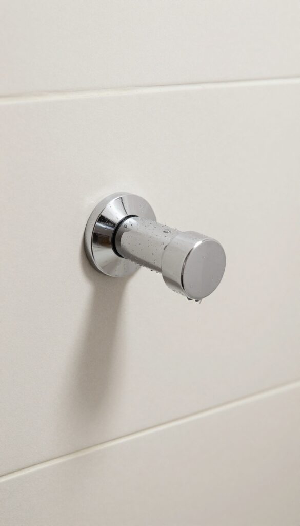 Close-up of a thermostatic shower valve in a modern bathroom, showcasing its sleek design and water droplets under natural light.