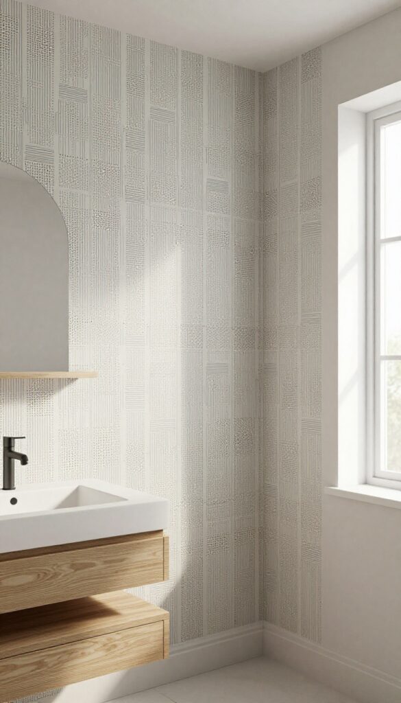 Minimal Scandinavian pattern wallpaper on a feature wall in a modern guest bathroom with natural wood accents and bright lighting.