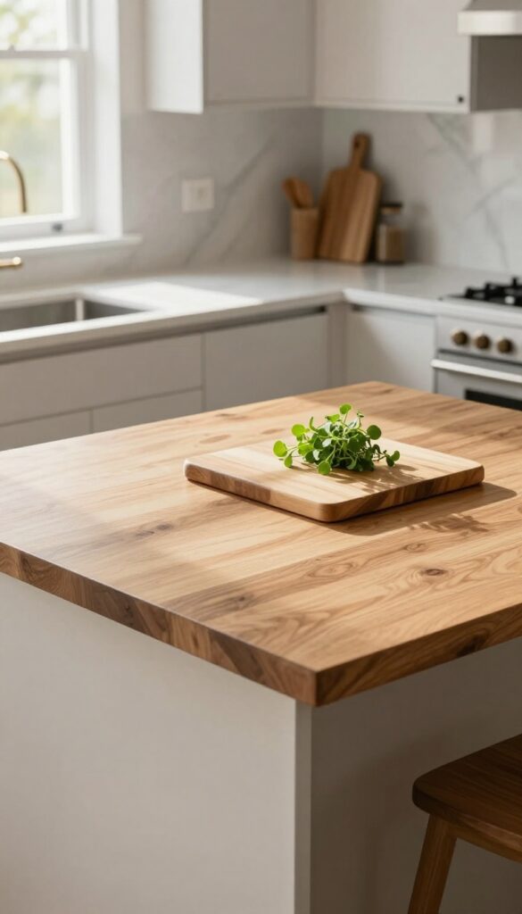 Kitchen island with butcher block top and herb plant in bright natural light