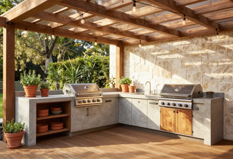 Outdoor kitchen with built-in grill, concrete countertops, herb garden, and string lights on a wooden deck