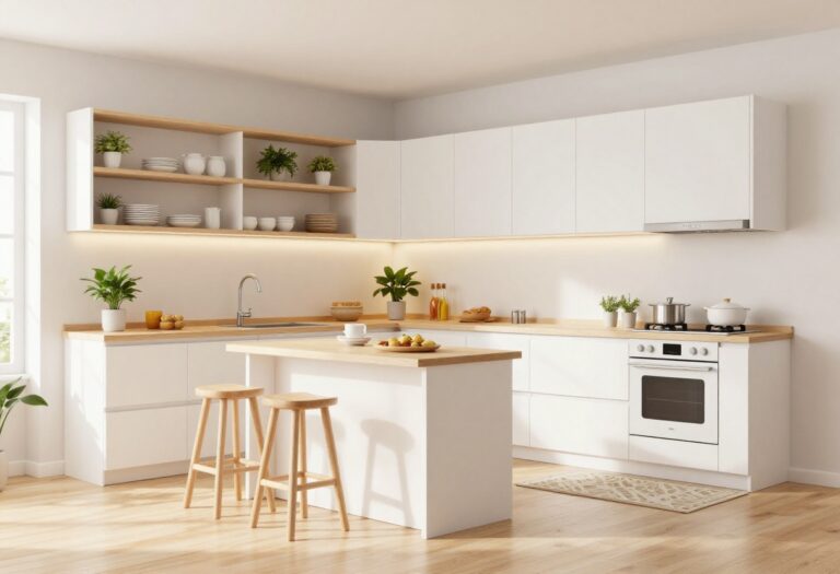 Cozy Adopt Me kitchen with white cabinets, open shelving, plants, and warm lighting