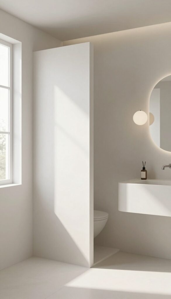 Pony wall with curved top in bright bathroom