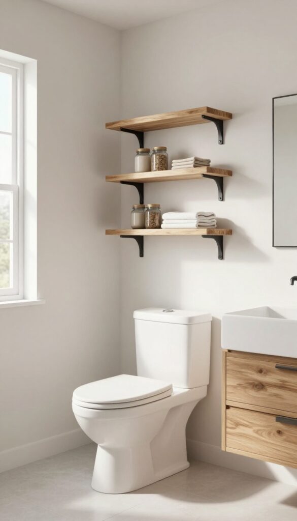 A photorealistic image of floating wooden shelves in a modern farmhouse bathroom, showcasing vertical storage above a toilet with decorative jars and towels in bright natural light.