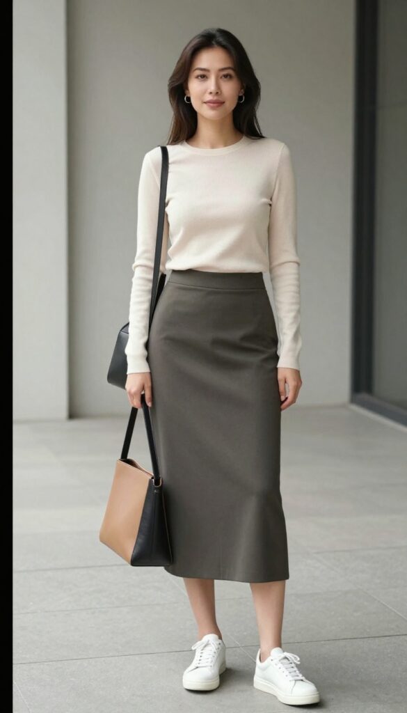 Woman wearing olive midi skirt, cream fitted knit top, white minimal sneakers, and tan crossbody bag standing on a bright city street.