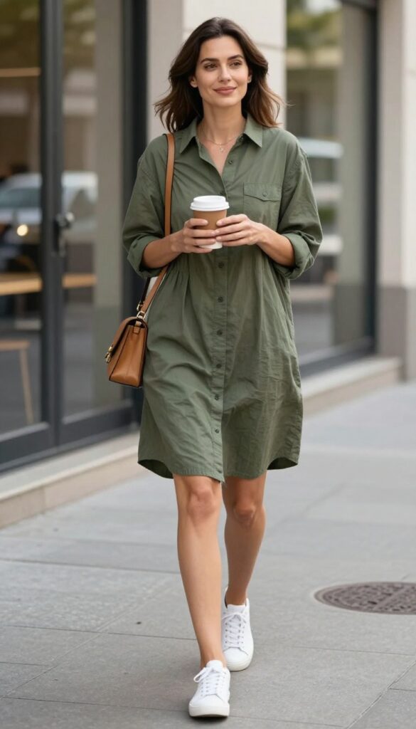 A mom wearing a knee-length chambray shirt dress with rolled-up sleeves, white sneakers, and a tan crossbody bag, walking on a sunny sidewalk.