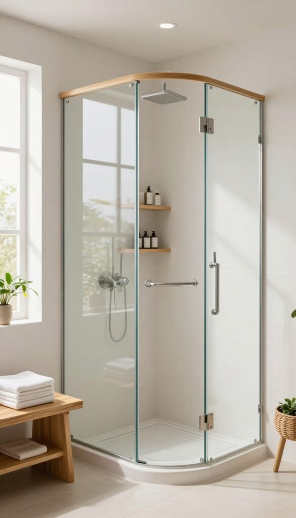 A modern curbless shower with natural wood accents including a teak bench and shelves, showcasing warm tones against sleek tile and glass in bright natural light, evoking a cozy spa retreat.