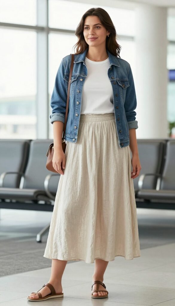A woman wearing a flowy skirt and basic tee outfit for summer airport travel, styled with sneakers, a denim jacket, and accessories, in a bright airport setting.