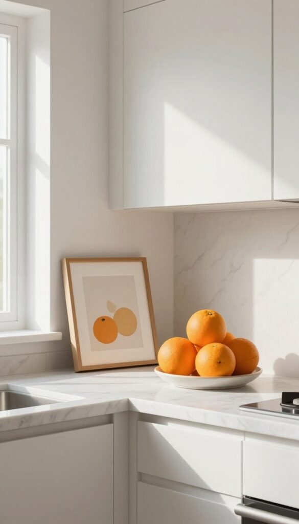 Bright kitchen with framed print leaning on counter and ceramic bowl of oranges