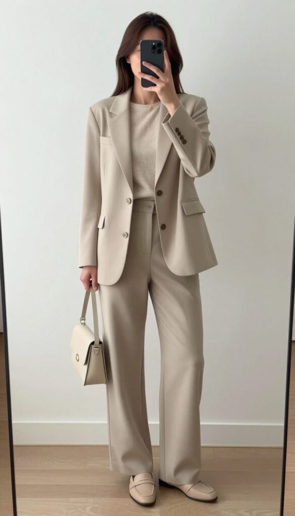 Woman in monochrome beige outfit taking a mirror selfie, wearing knit top, wide-leg trousers, blazer, and loafers.