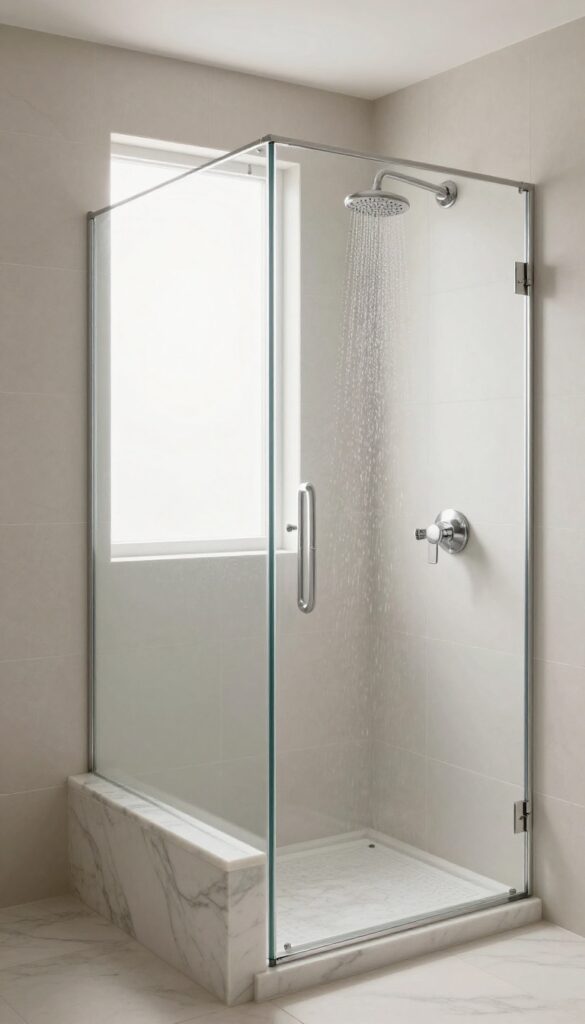 Walk-in shower with marble slab bench