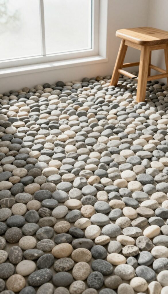 Pebble shower floor resembling a stream bed with light grout and teak stool