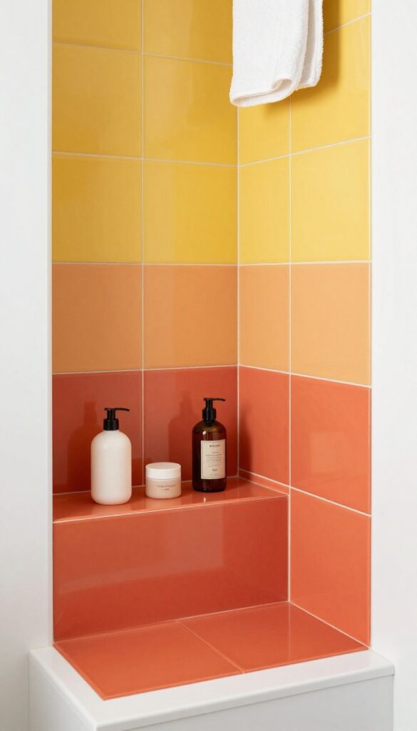 A color-blocked shower niche in a bold shade that ties into the bathroom's color scheme, with neatly arranged products and bright natural light.