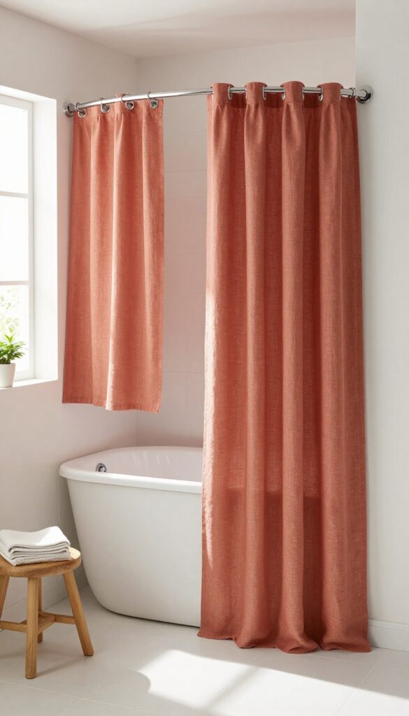 Curved shower rod with linen curtain in earthy tone creating spa-like bathroom feel