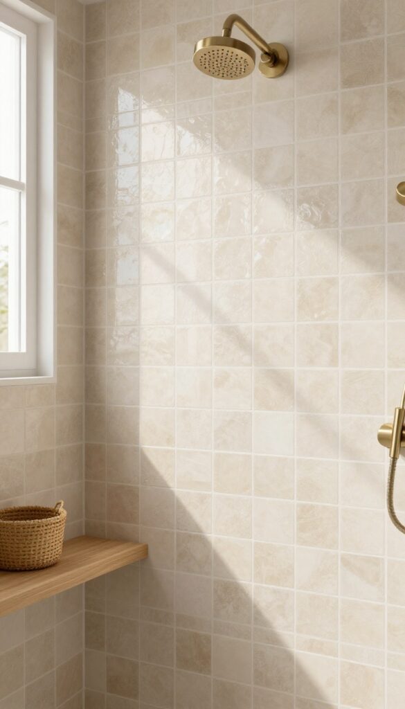 Beige zellige-style ceramic tile shower wall with subtle shine, brushed brass fixtures, and natural light.