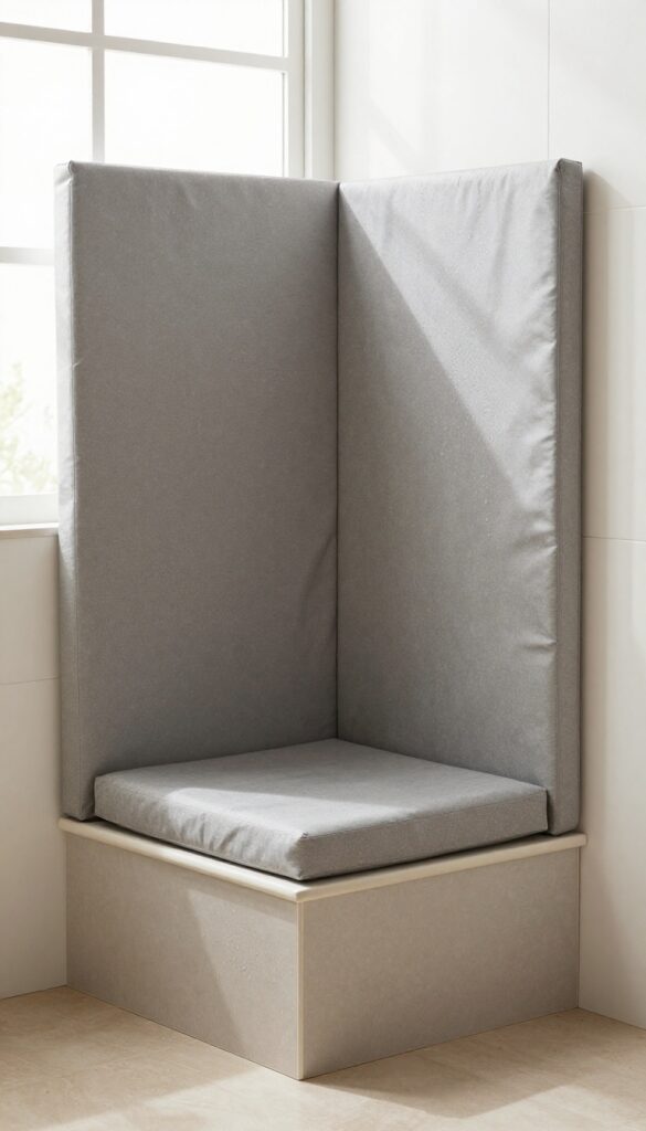 A small standing shower with a corner bench and cushioned seating in neutral gray tones, showcasing a cozy and functional upgrade for tight spaces under bright natural light.