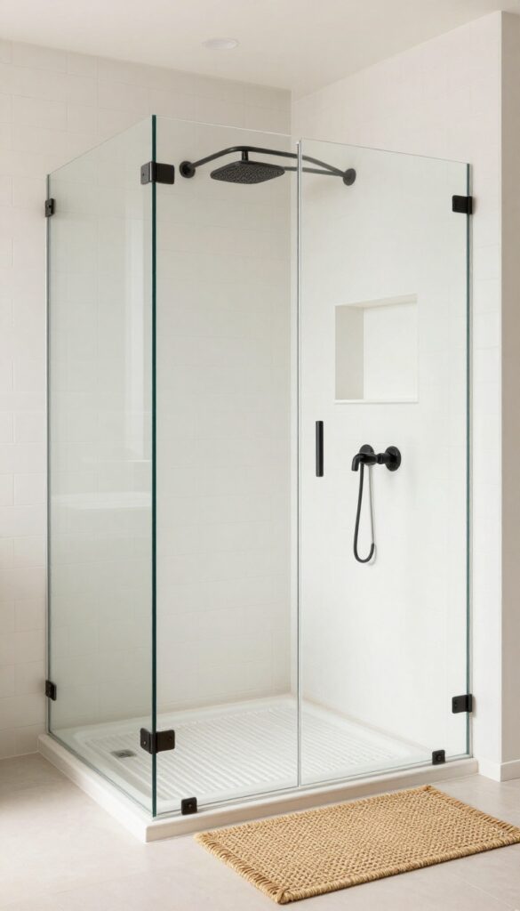 A small bathroom with a frameless glass shower enclosure over a tub, showcasing neutral tiles and minimal decor to create an open, modern feel.
