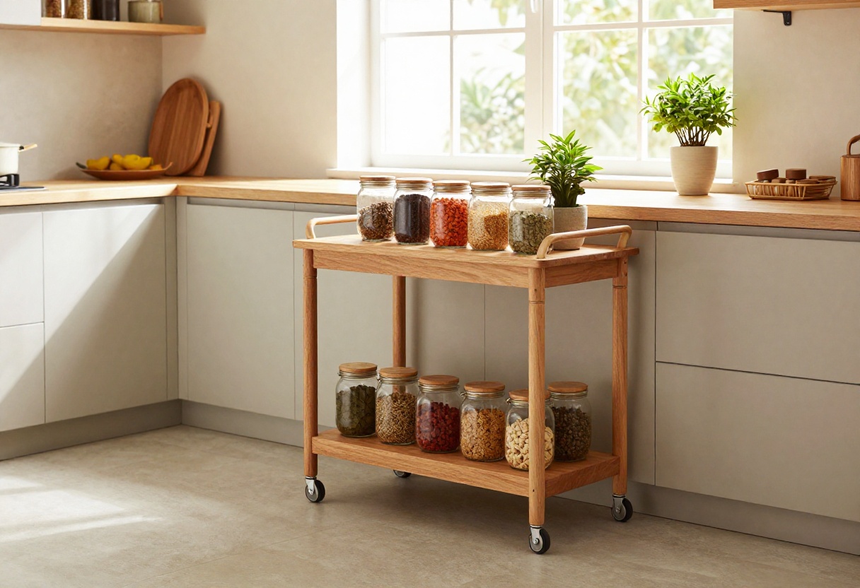 Indian kitchen trolley with spice jars and plant