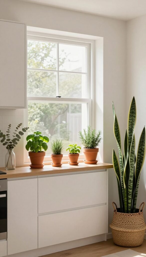 Kitchen extension with herbs on windowsill, snake plant in corner, and dried eucalyptus on counter