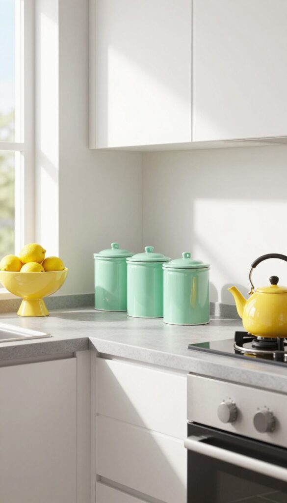 Bright kitchen with white cabinets, gray countertops, mint green canisters, yellow fruit bowl with lemons, and a yellow teapot on stove.