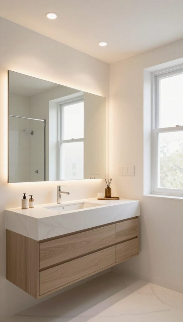 A photorealistic bathroom with layered lighting including vanity sconces, recessed ceiling lights, shower light, and under-vanity LED strips to zone the space in bright natural light.