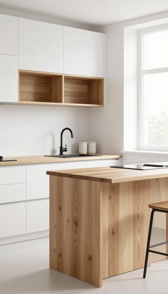 Modern kitchen with white cabinets, black hardware, and a warm wood island