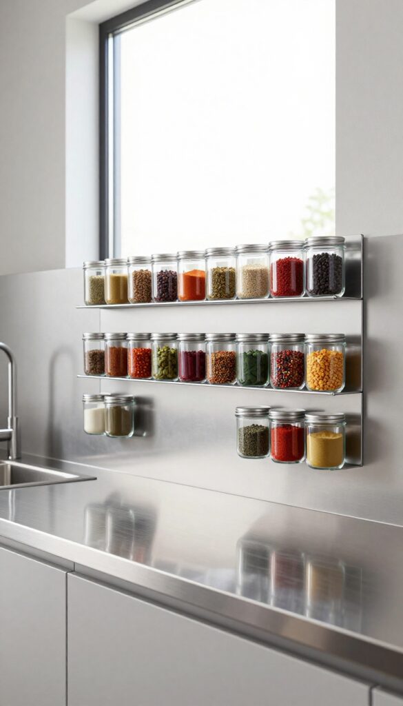 Magnetic spice jars on a metal backsplash in a bright, modern kitchen