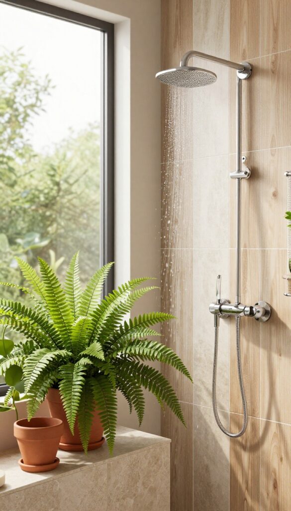 A master bathroom shower with lush plants on ledges and in hanging planters, bathed in natural light, creating a fresh and elevated spa-like vibe.