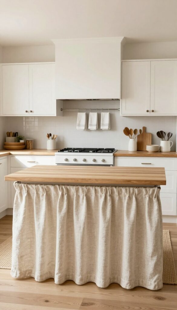 Kitchen island with woven jute runner, linen curtains at window, and cotton towels hanging from oven handle, warm natural light.
