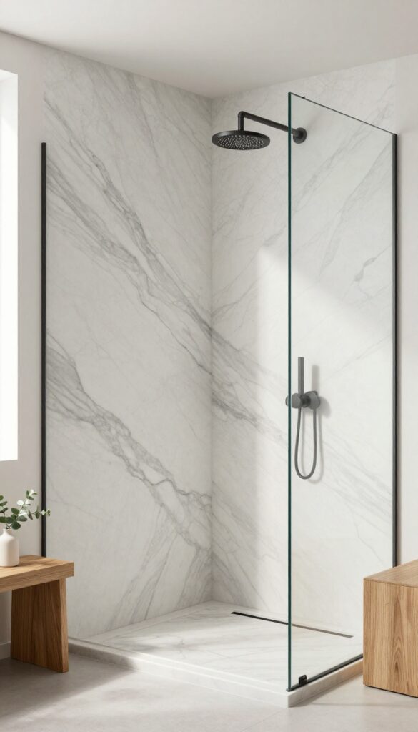 A seamless quartzite slab shower with matte black fixtures and teak bench