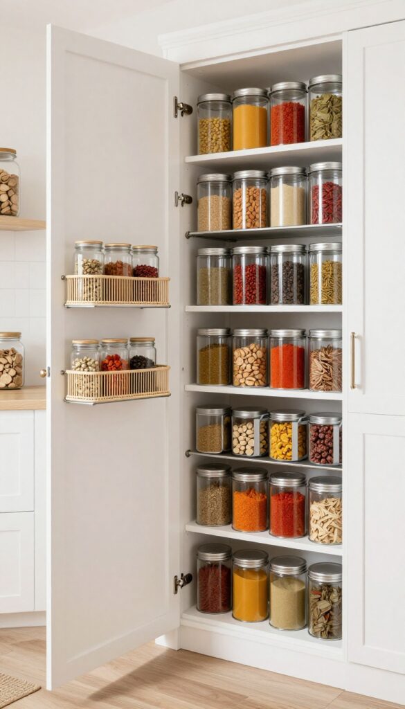 Magnetic spice rack mounted on inside of pantry door with uniform tins