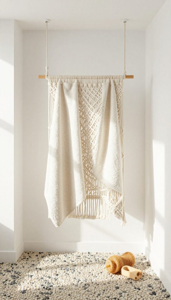 Hanging macrame planter holding washcloth and loofah in pebble-floor shower