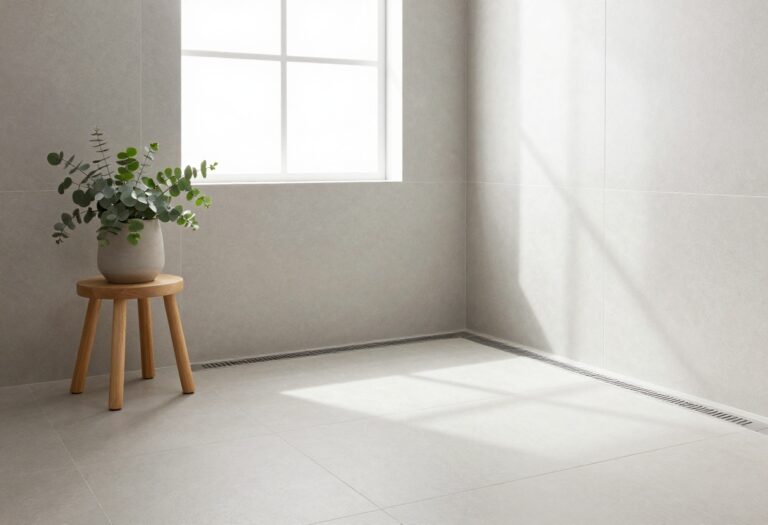 Bright bathroom with walk-in shower and sleek linear drain