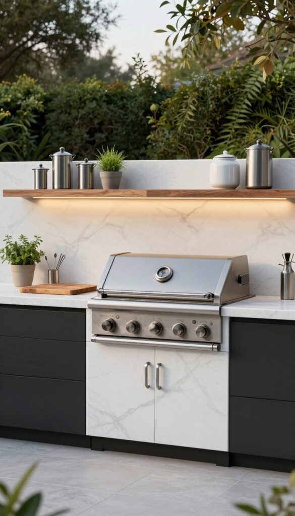 Modern outdoor kitchen with built-in grill station and marble backsplash
