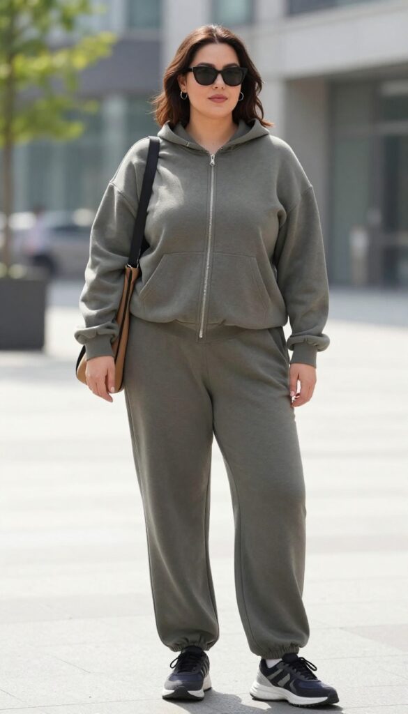 A plus-size woman wearing a matching tracksuit set in a neutral color with chunky sneakers and minimal accessories, styled in a sporty 90s fashion for a relaxed day out.