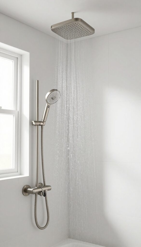 A small bathroom with a rainfall showerhead mounted on the ceiling above a bathtub, providing a spa-like experience in limited space.