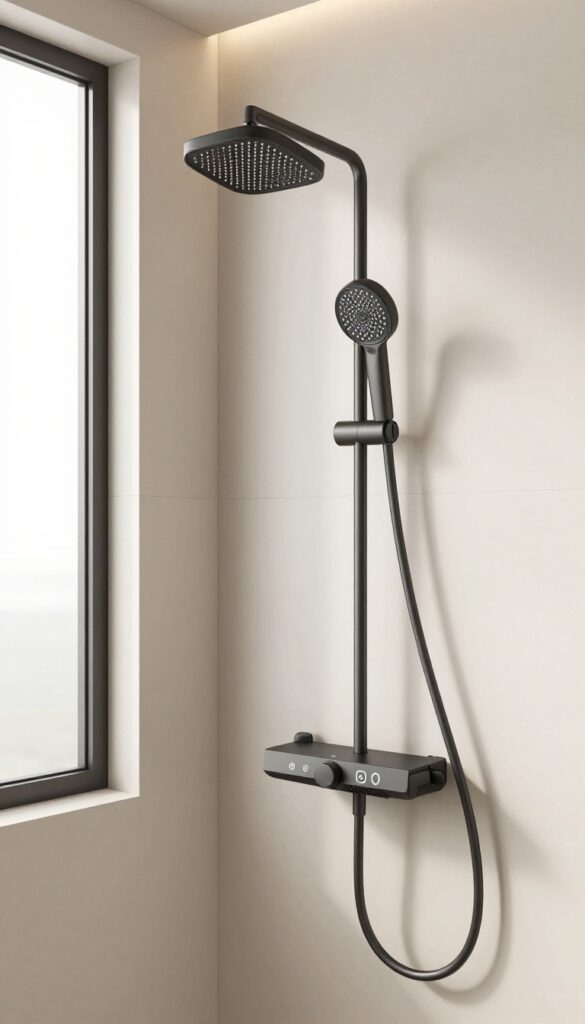 A modern master bathroom with a smart shower system featuring digital controls and minimalist design in bright natural light.