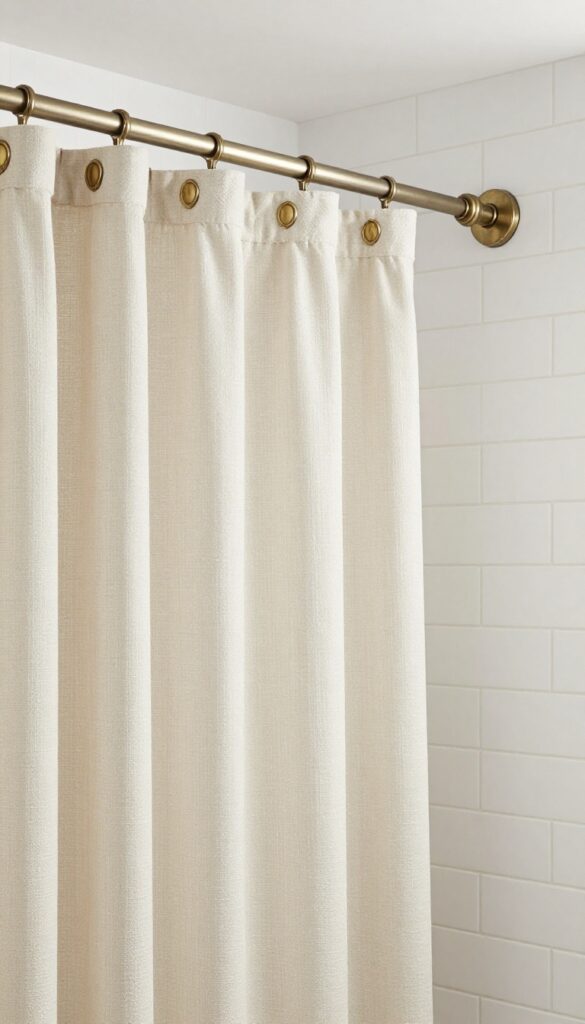 A close-up view of an adjustable shower curtain rod with decorative brass finials in a bright, modern bathroom, showcasing its elegant and practical design for custom home decor.