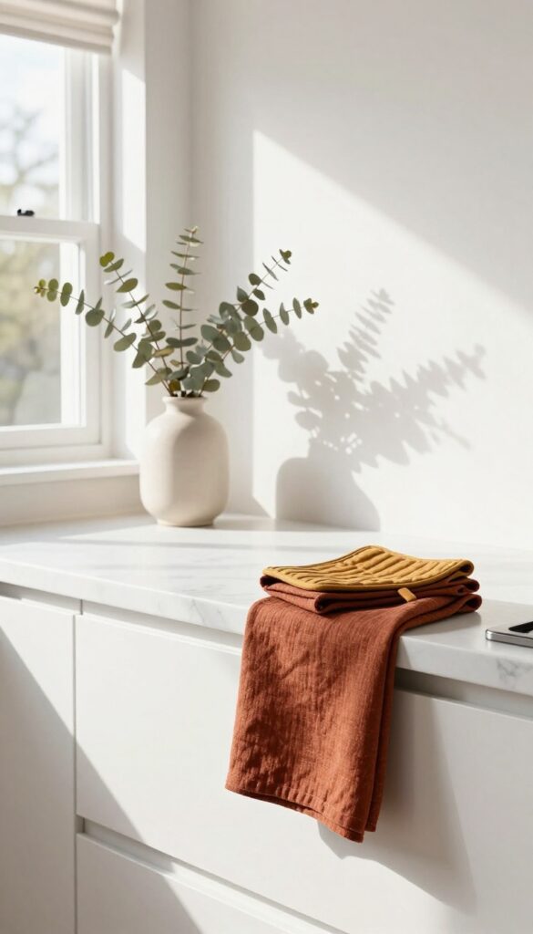 Kitchen counter with rust linen dish towel and mustard pot holder in warm sunlight