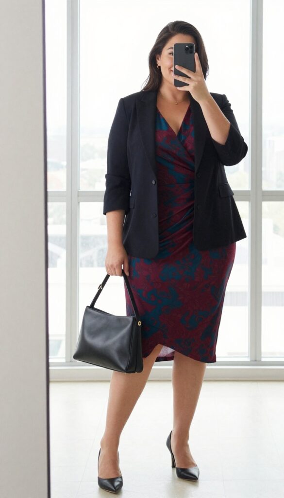 Plus-size woman in a midi wrap dress and structured blazer taking a mirror selfie in a bright office.