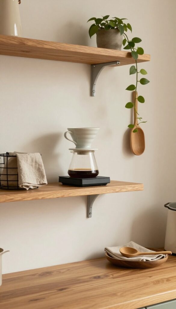 Open shelving coffee station with layered textures: wood shelves, ceramic dripper, matte black scale, linen towel, trailing plant, natural light.