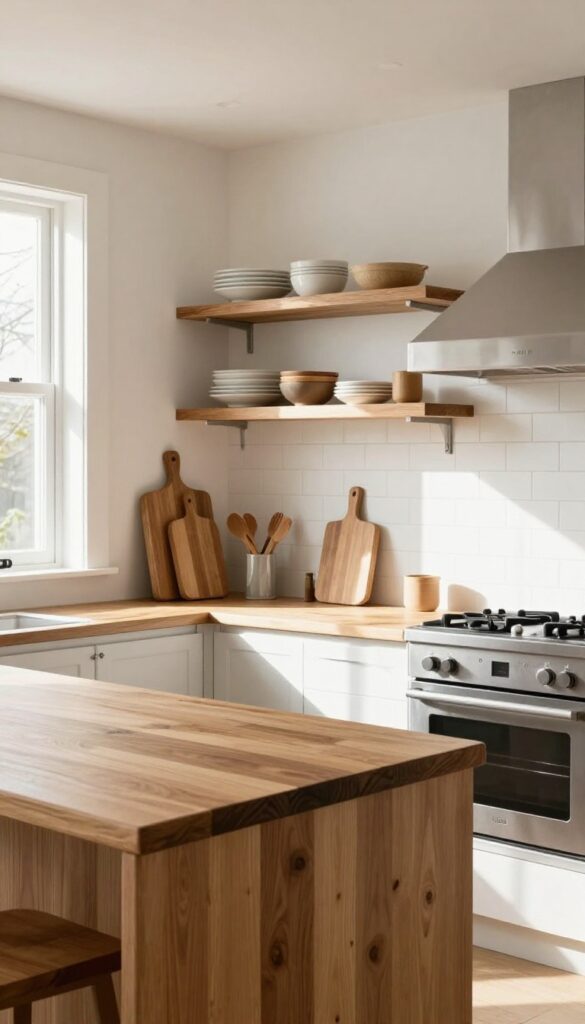 Bright kitchen extension with natural wood accents, butcher block island, walnut shelves, and sunlight streaming in.