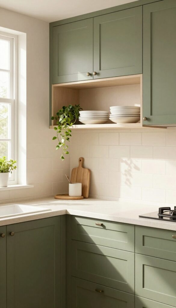 Olive green kitchen cabinets with cream countertops and open shelving