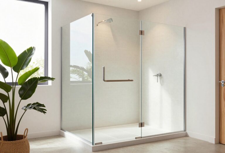 Modern curbless shower with textured tiles, frameless glass, wood accents, and layered lighting in a bright bathroom.