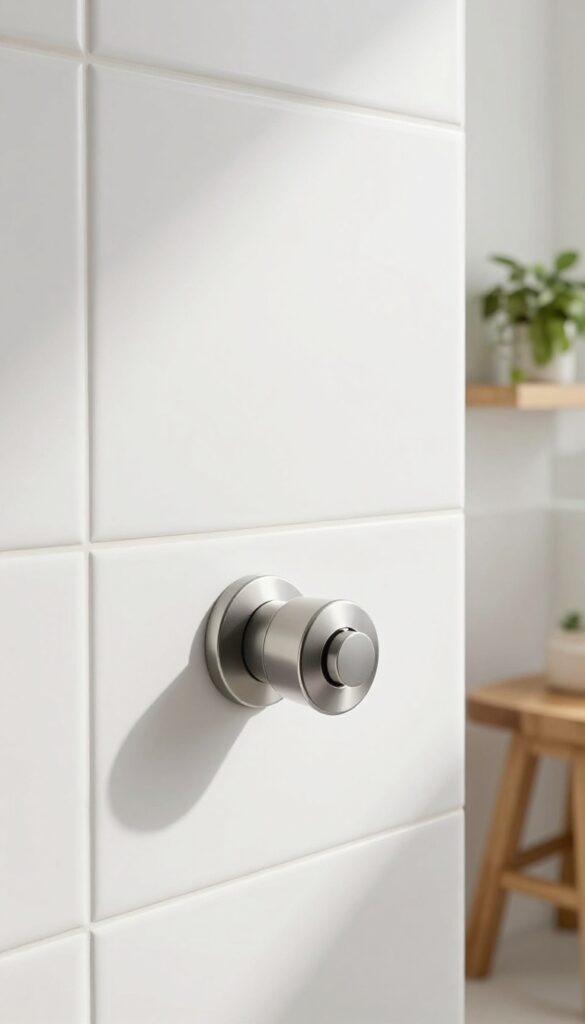 Wall-mounted thermostatic valve with round brushed nickel trim on white subway tile, with teak stool and plant in background