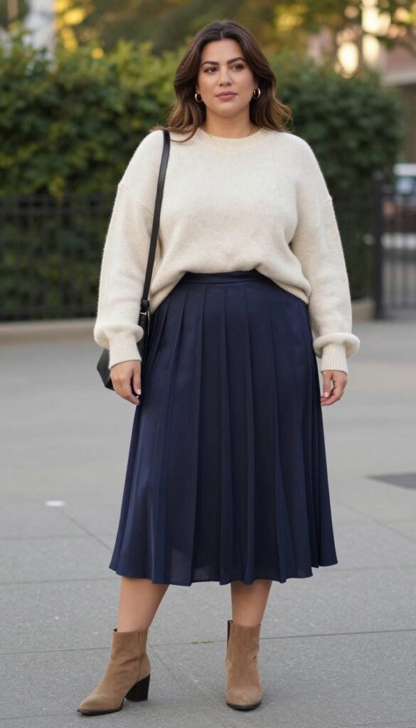 A woman wearing an oversized sweater and midi skirt outfit for summer evenings, styled with ankle boots and accessories, in a natural outdoor setting.