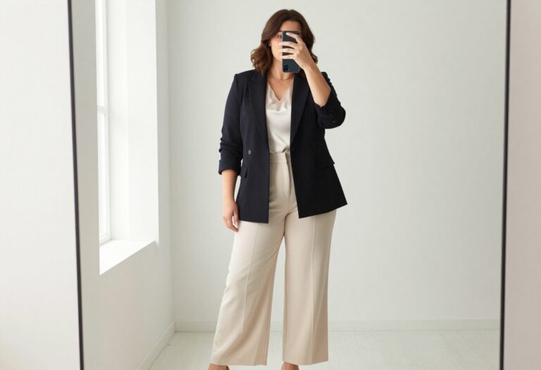 Plus-size woman in tailored blazer and high-waisted trousers for business casual outfit ideas