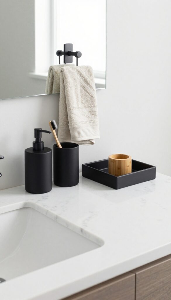 A bathroom vanity with black accessories including soap dispenser, toothbrush holder, and storage tray on a white marble countertop, showcasing subtle bold decor ideas with natural light and neutral elements.