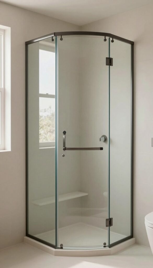 Corner glass door shower in a small bathroom with frameless panels, neutral tones, natural light, and a bench, optimizing space for an open and cozy feel.