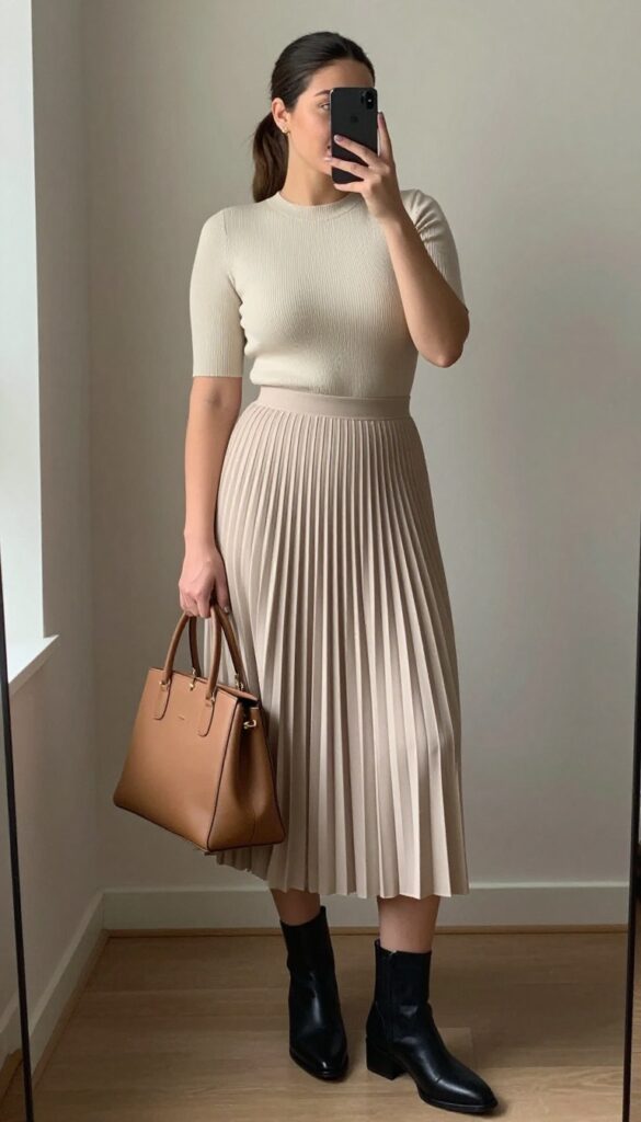 Plus-size woman taking a mirror selfie wearing a beige midi pleated skirt and fitted cream knit top, with ankle boots and tan structured handbag, clean ponytail, minimal jewelry.