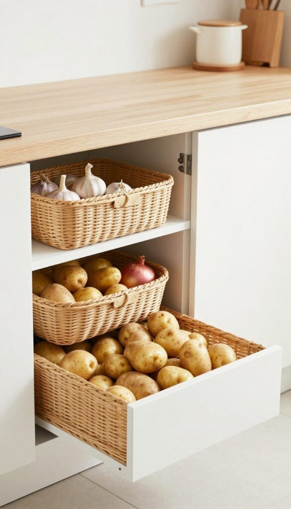 A pull-out basket drawer filled with potatoes, onions, and garlic in a modern kitchen.